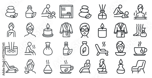 Collection of icons for spa and relaxation. The icons include a person in a bathtub, a person in a hot tub, a person in a sauna, a person in a massage chair, a person in a massage table