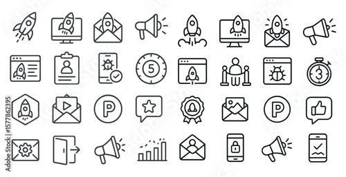Collection of icons for various things like email, phone, and social media. The icons are all black and white and are arranged in a grid