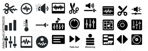 Collection of icons for music and sound editing. The icons include a pair of scissors, a clock, a guitar, a microphone, and a CD. Scene is creative and artistic, as it showcases various tools
