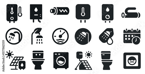 Collection of black and white icons for various household appliances and fixtures. The icons include a toilet, a sink, a shower, a washing machine, a water heater, a thermostat, and a calendar
