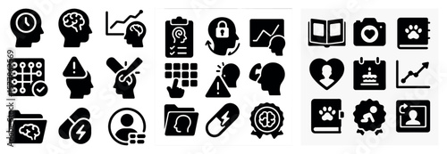 Three sets of icons are shown, each with a different mood. The first set features a variety of heads, including a man and a woman, with a book and a camera
