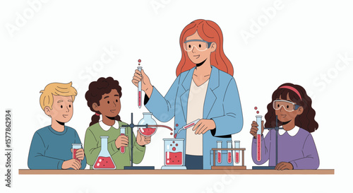 A teacher demonstrates a science experiment to attentive students in a laboratory setting.