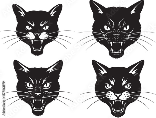 Four feral black cat head silhouettes with open mouths