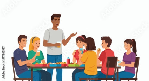 A diverse group of friends enjoys a casual meal together, with one person leading a conversation.