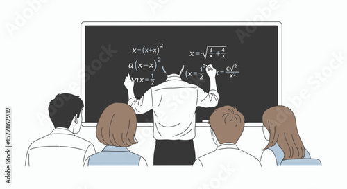 A teacher writes complex mathematical equations on a blackboard while students attentively observe.