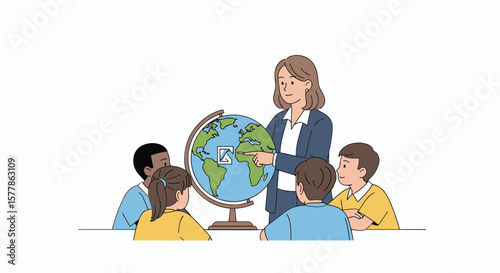 A teacher points to a globe while explaining geography to students.