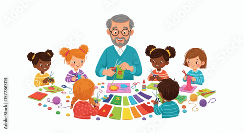A group of children and an instructor crafting together at a table.