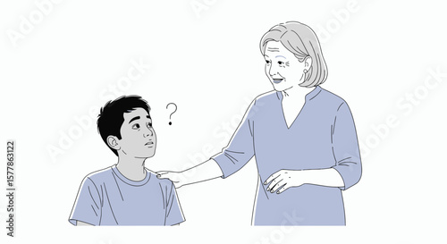 A young boy looks confused as an older woman comforts him with a hand on his shoulder.