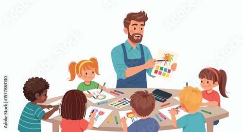 A teacher with a beard instructs a group of young children in an art class, showing them a color palette.