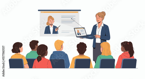 A woman is giving a presentation to a group of people, using a laptop and a projector screen.