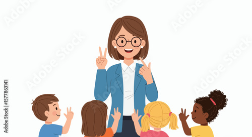 Teacher interacting with attentive children in a classroom setting.