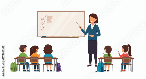 Teacher instructing a small class of elementary school children at a whiteboard.