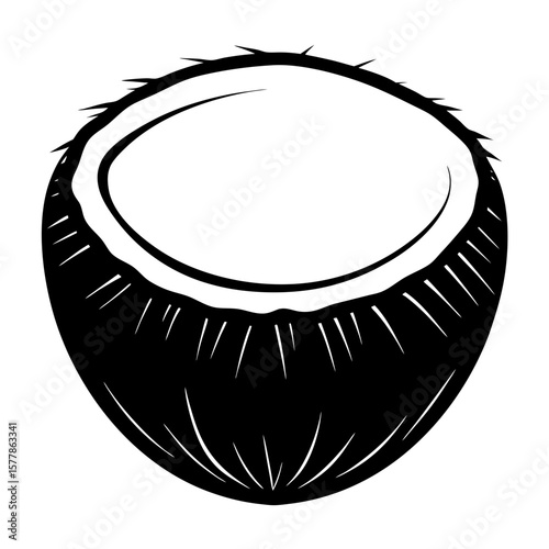 A black silhouette of a halved coconut with its white flesh visible
