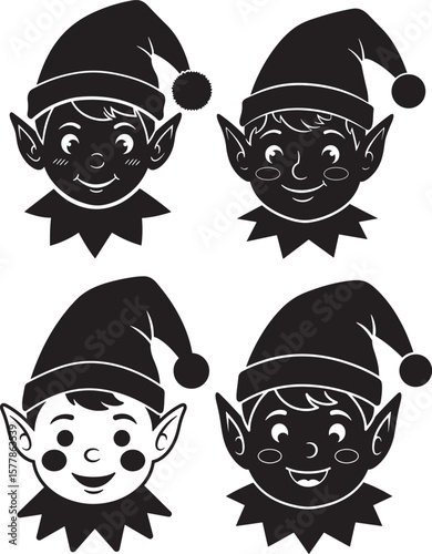 Four cute elf faces with christmas hats silhouette