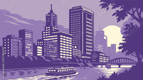 Cityscape river cruise urban skyline illustration in purple and white color scheme vector graphic design