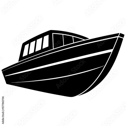 A black silhouette of a motorboat viewed from the side