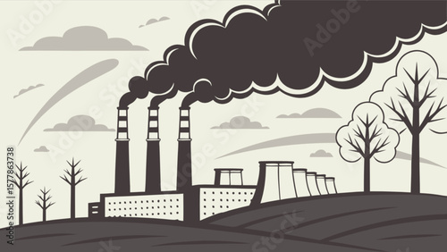 Illustration of environmental pollution from factory smokestacks and industrial emissions affecting air quality