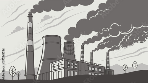 Illustration of industrial factory pollution causing environmental damage and air pollution problems