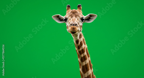 Giraffe head and neck against a green background looking directly at the camera with a curious expression