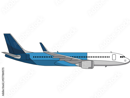 Modern Passenger Aircraft Side View Illustration Against Black Background: A Sleek Blue and White Design