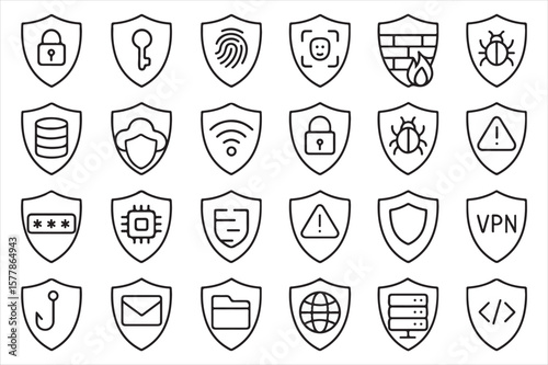 Vector art of security and protection icons in a line art style isolated on white background