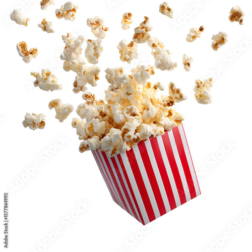 Popcorn flying out of red white striped paper box isolated on transparent backgrounds
