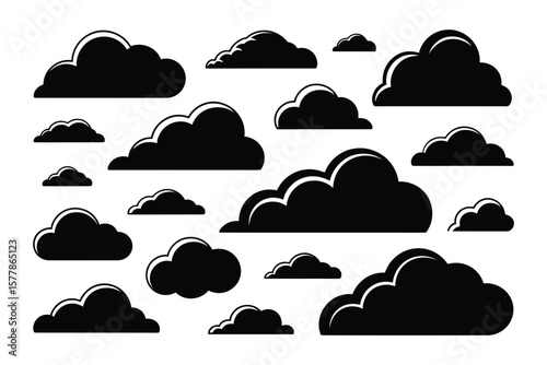 Solid cloud vector set with varied rounded shapes, cartoon cumulus outlines, fluffy weather icons for children’s illustrations, digital network, and storage concepts.