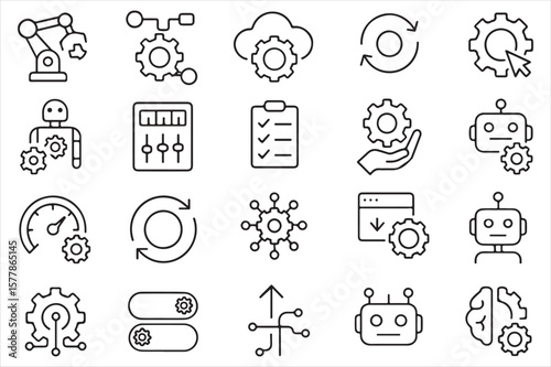 Vector art of automation and robotics icons representing industrial technology isolated on white background