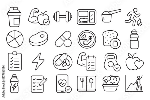 Vector art of fitness and nutrition icons representing a healthy lifestyle isolated on white background