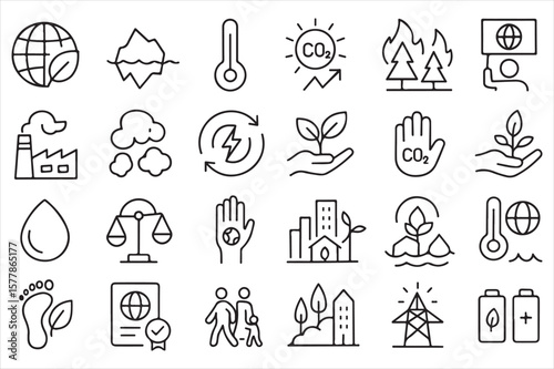 Vector art of a set of climate change and environmental icons isolated on white background