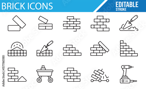 Editable Stroke Icons for Construction, Repair, and Bricklaying Projects