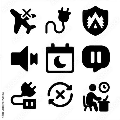 Unplug Icons Collection. Solid style icons of “unplug and restore”: airplane mode icon, digital off grid icon, outdoor retreat