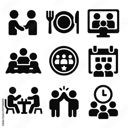 Social Interaction Icons. Solid style icons of social time balance: friend meetup icon, family dinner plate, video call with