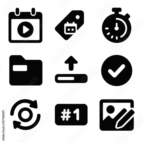 Episode Management Icons. Solid style icons of episode management: episode calendar icon, publish date tag, audio length meter,