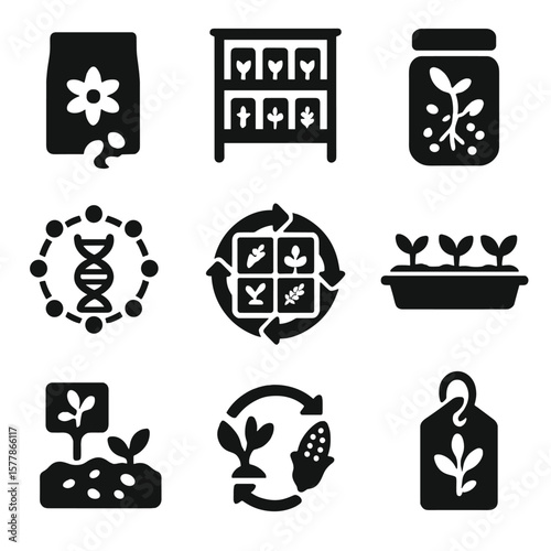 Biodiversity Icons Collection. Solid style icons of seed saving and biodiversity: heirloom seed packet, seed library shelf,