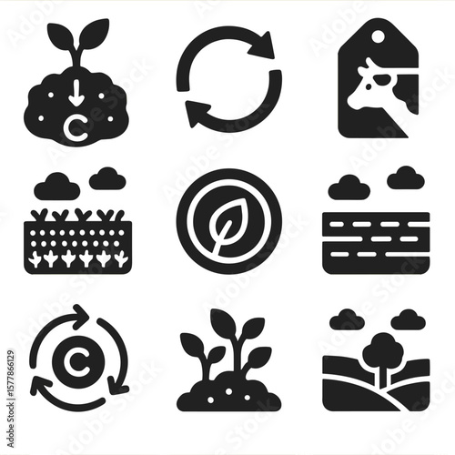 Regenerative Agriculture Icons. Solid style icons of regenerative agriculture: carbon capture soil icon, rotation symbol, animal