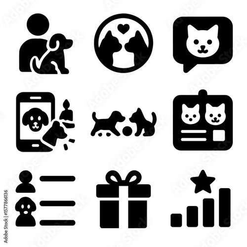 Pet Social Icons. Solid style icons of pet social interactions: friend pet icon, pet meetup badge, messaging with pet, digital pet
