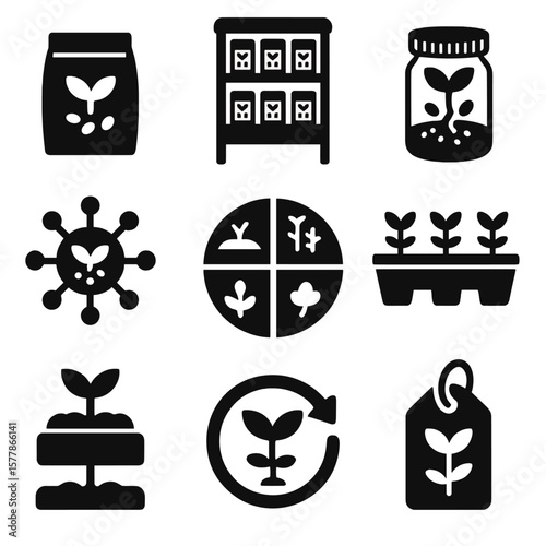 Biodiversity Icons Collection. Solid style icons of seed saving and biodiversity: heirloom seed packet, seed library shelf,