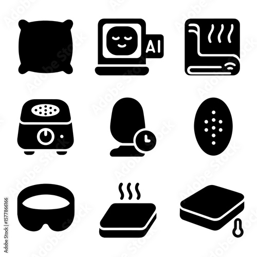 Smart Sleep Devices Icons. Solid style icons of smart sleep devices: smart pillow icon, AI sleep monitor, smart mattress sensor,