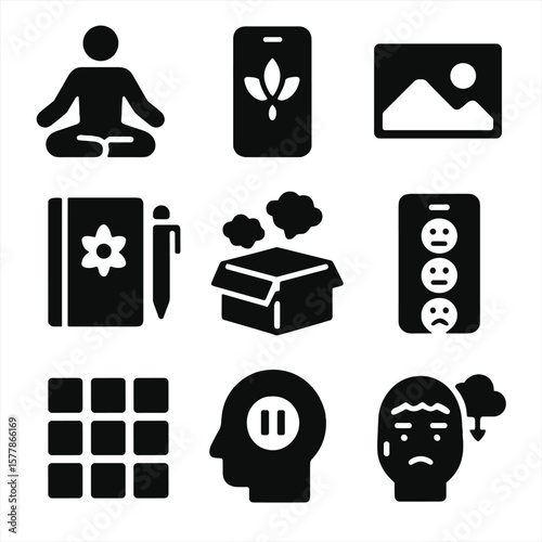 Stress Management Icons. Solid style icons of stress management techniques: guided meditation icon, breathing app symbol, calming