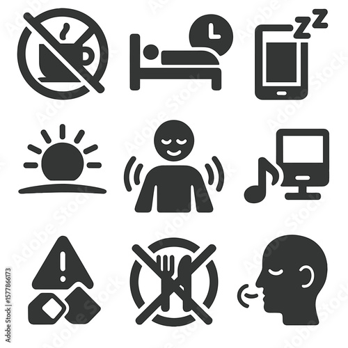 Sleep Habit Icons. Solid style icons of sleep improvement habits: avoid caffeine symbol, same bedtime icon, daytime sunlight