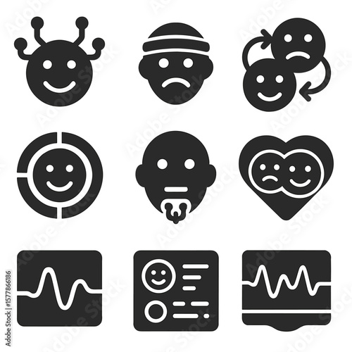 Emotion Detection Icons. Solid style icons of emotion detection systems: smiling face with neural wires, sadness with EEG icon,