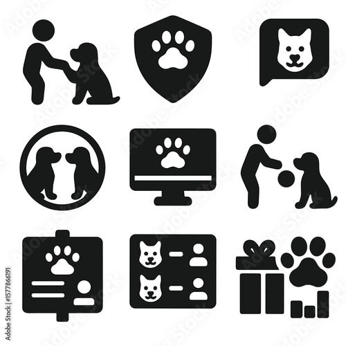 Pet Social Icons. Solid style icons of pet social interactions: friend pet icon, pet meetup badge, messaging with pet, digital pet