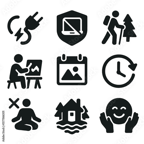 Screen Detox Icons. Solid style icons of screen detox motivation: unplug symbol, no-screen challenge badge, outdoor swap icon,