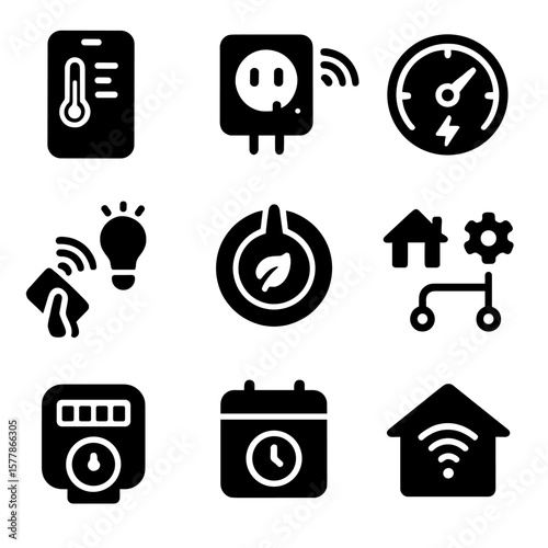 Smart Home Icon Set. Solid style icons of smart home energy control: app-based thermostat, smart plug icon, usage dashboard badge,