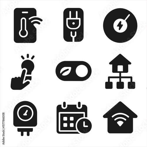 Smart Home Icon Set. Solid style icons of smart home energy control: app-based thermostat, smart plug icon, usage dashboard badge,