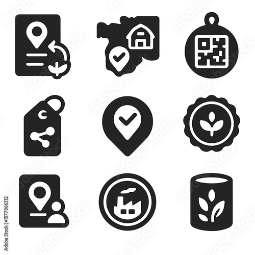 Product Traceability Icons. Solid style icons of product traceability: origin story icon, farm-to-product map, QR code trace badge