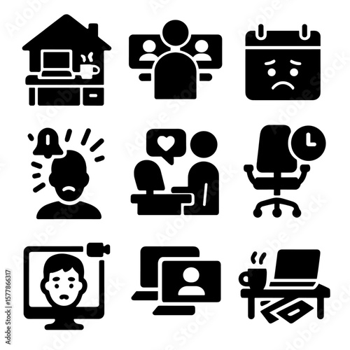 Tech Overload Icons. Solid style icons of tech overload in remote work: home desk chaos icon, back-to-back video calls, calendar