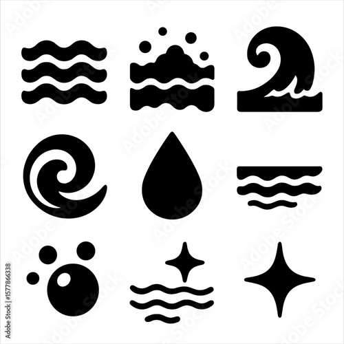 Ocean Elements Icons. Solid style icons of ocean and water elements: gentle waves, water current, sea foam, tide line, ocean swirl