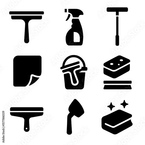 Window Cleaning Tools. Solid style icons of window cleaning tools: window squeegee, glass cleaner spray, telescopic pole,